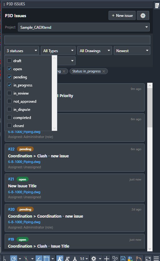 Multi-select status filter open, with active filters shown as removable chips above the issue list