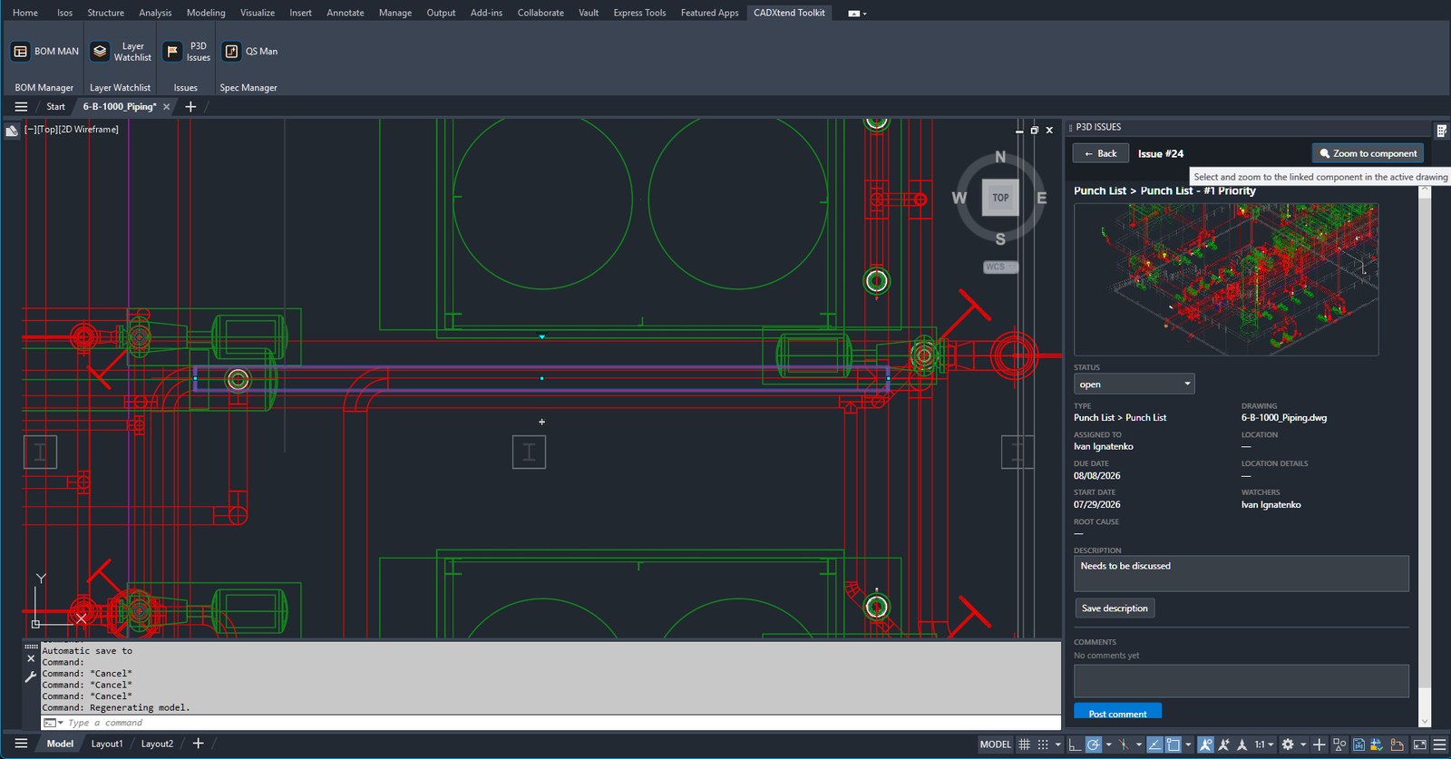 An issue opened in the palette while the linked pipe component is selected and zoomed in the drawing